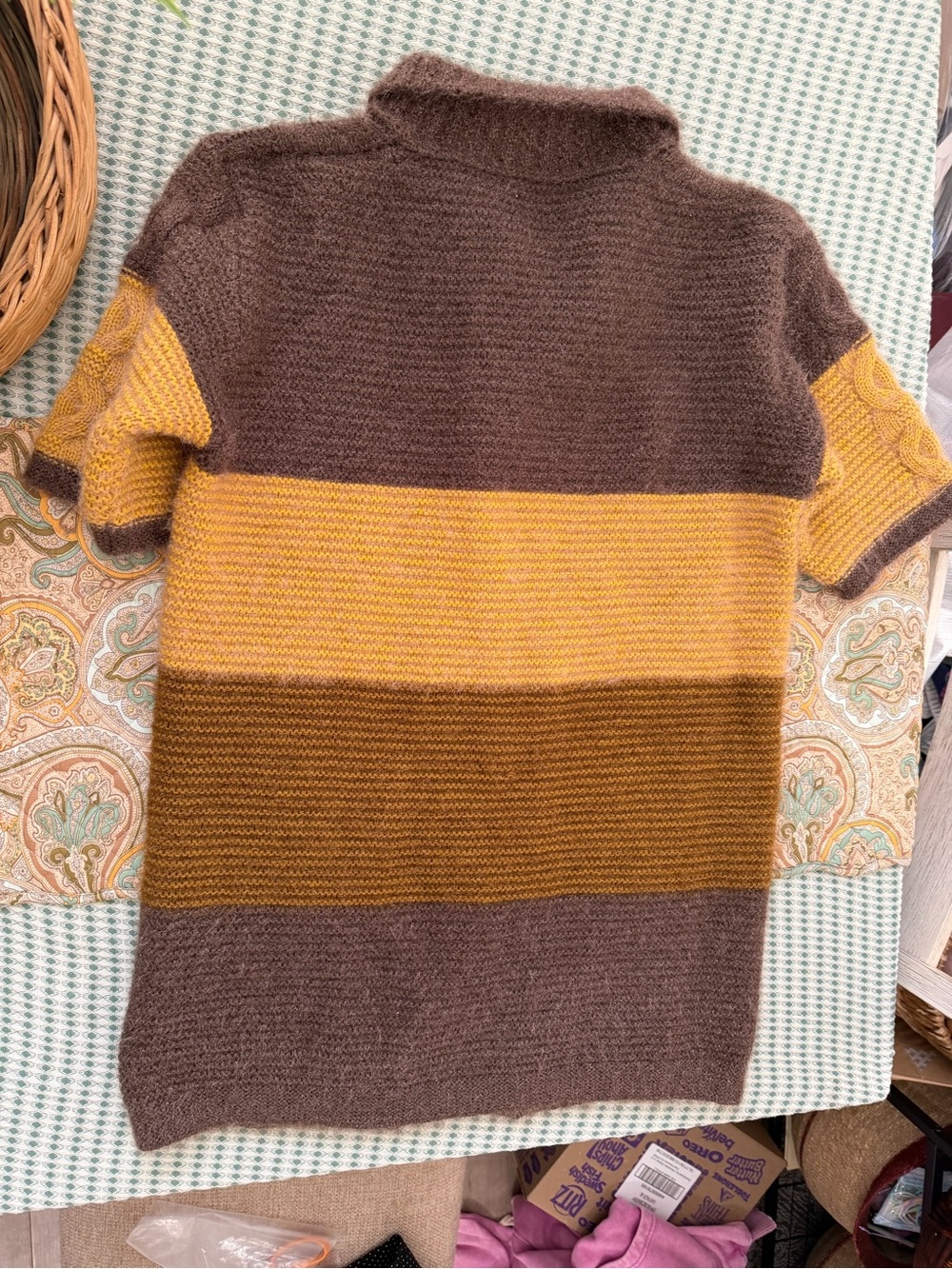 VTG Colorblock Cable Knit Short Sleeve Cardigan Brown Mustard Cottagecore Large - Picture 8 of 16